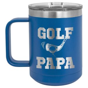 GOLF PAPA Blue 15 oz Coffee Cup w/Slide Top Lid | Insulated Travel Coffee Mug | Unique Gift Ideas From Women or Men | Compare Price To Yeti Rambler