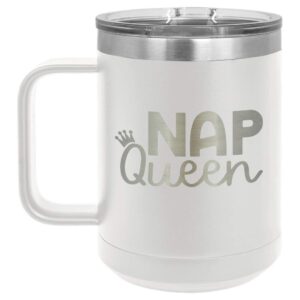 nap queen white 15 oz coffee cup w/slide top lid | insulated travel coffee mug | unique gift ideas from women or men | compare price to yeti rambler