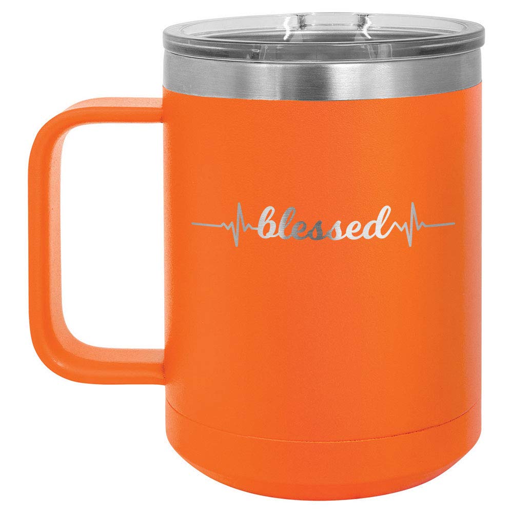 BLESSED Orange 15 oz Coffee Cup w/Slide Top Lid | Insulated Travel Coffee Mug | Unique Gift Ideas From Women or Men | Compare Price To Yeti Rambler