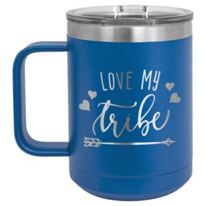 love my tribe blue 15 oz coffee cup w/slide top lid | insulated travel coffee mug | birthday or christmas gift ideas from women or men | compare to yeti rambler | onlygifts.com