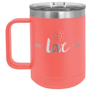 in love coral 15 oz coffee cup w/slide top lid | insulated travel coffee mug | birthday or christmas gift ideas from women or men | compare to yeti rambler | onlygifts.com