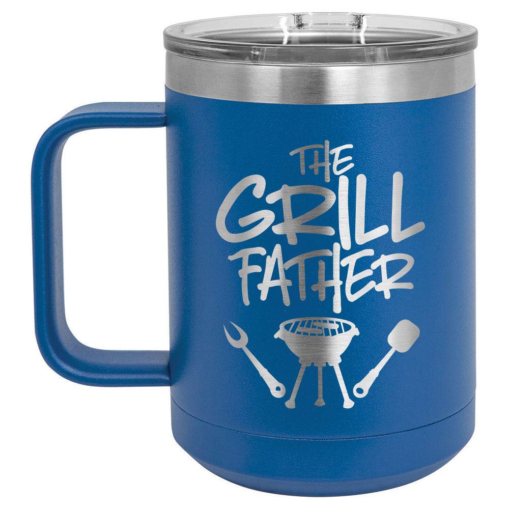 The Grillfather B BLUE 15 oz Coffee Cup w/Slide Top Lid | Insulated Travel Coffee Mug | BBQ & Grilling Gift Idea For Men Who Have Everything, Dad & Grandpa | Compare To Yeti Rambler | ONLYGIFTS.COM