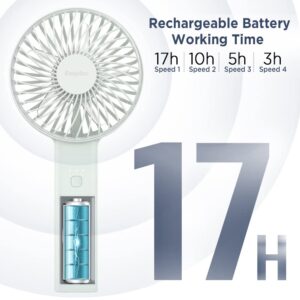 EasyAcc Handheld Fan, 2023 Newly Powerful Quiet Portable Fan Small Desk Fan [ 4 Speed/Battery Indicator/Easy Clean] 17H Battery Operated Fan One Touch Power Off Personal Fan for Travel Outdoor