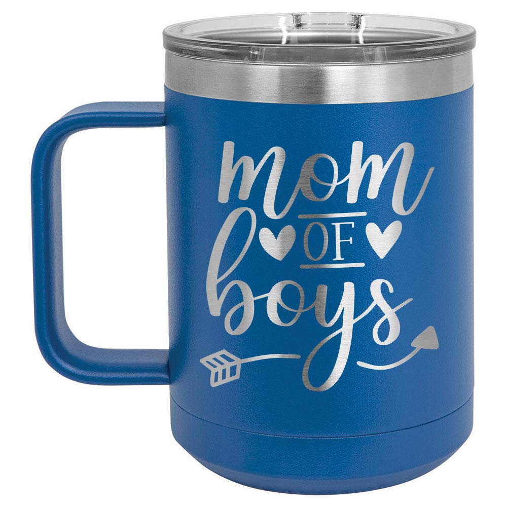 MOM OF BOYS Blue 15 oz Coffee Cup w/Slide Top Lid | Insulated Travel Coffee Mug | Unique Gift Ideas From Women or Men | Compare Price To Yeti Rambler