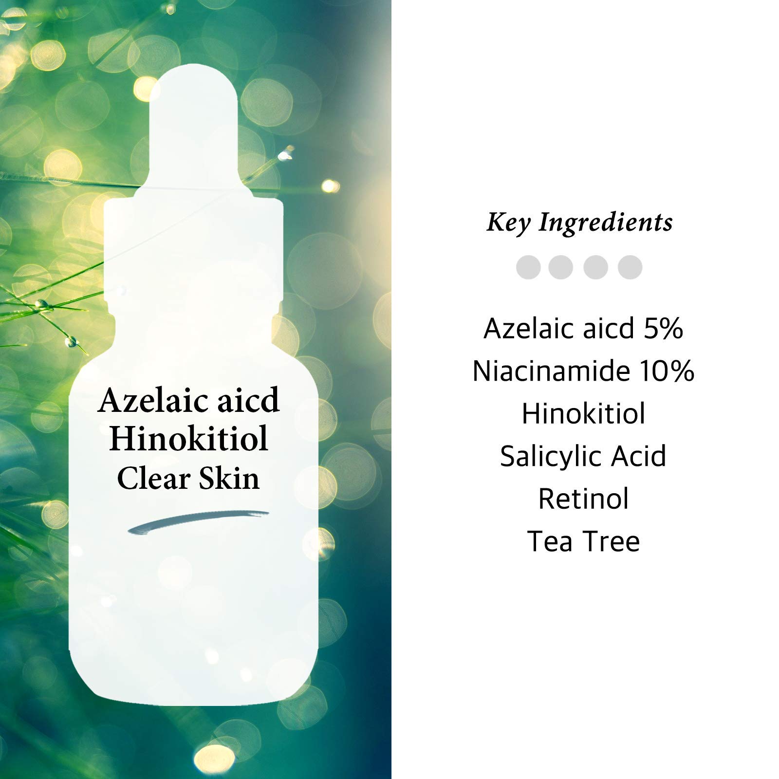 Azelaic Acid + Tea Tree Clear Skin Facial Serum with Niacinamide 10%, Salicylic Acid, Retinol - Fast & Efficient Cystic Acne, Age-Defying, Relieve Trouble Skin Formula, 1 Fl Oz (30ml)