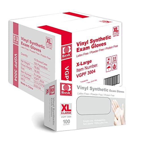 Basic Diagnostic VGPF3004 Clear Vinyl Exam Gloves, Latex-Free & Powder-Free, Extra-Large, Pack of 1000