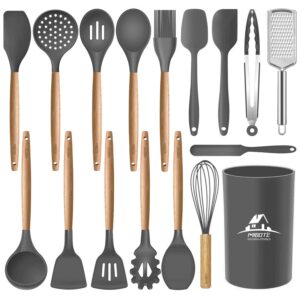 MIBOTE 17 Pcs Silicone Cooking Kitchen Utensils Set with Holder, Wooden Handles Silicone Turner Tongs Spatula Spoon Kitchen Gadgets Utensil Set for Nonstick Cookware (Grey)