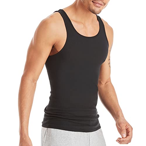 Hanes Men's Cotton Tank Undershirts Pack, Moisture-Wicking Ribbed Tanks, lightweight, Black/Grey Assorted 6-pack, Medium