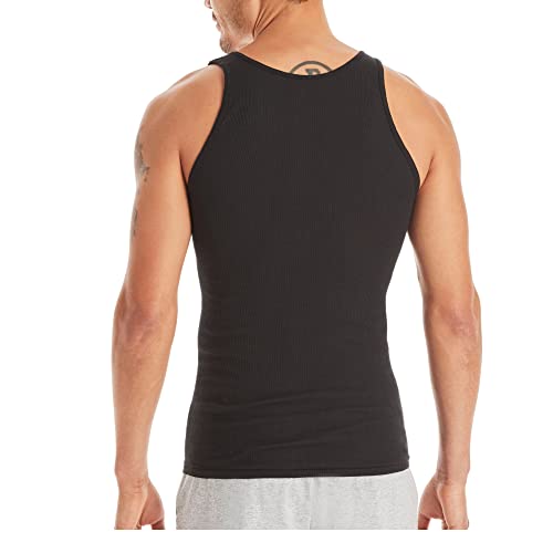 Hanes Men's Cotton Tank Undershirts Pack, Moisture-Wicking Ribbed Tanks, lightweight, Black/Grey Assorted 6-pack, Medium