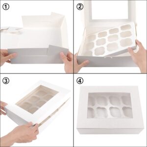 Moretoes 8 Pcs Cupcake Boxes, 12 Count White Cupcake Boxes with Windows and Inserts to Fit 12 Cupcakes Muffins or Pastries, 100 Cupcake Baking Cups and Ribbon