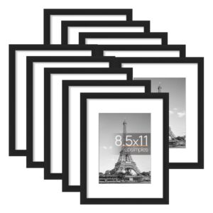 upsimples 8.5x11 Picture Frame Set of 10, Display Pictures 6x8 with Mat or 8.5x11 without Mat, Multi Photo Frames Collage for Wall or Tabletop Display, Real Glass, Black