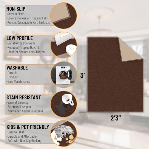 Machine Washable Modern Solid Design Non-Slip Rubberback 2x3 Traditional Area Rug for Entryway, Bedroom, Kitchen, Bathroom, 2'3" x 3', Brown