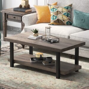 charahome coffee table rustic vintage industrial design sturdy metal frame legs sofa table cocktail table with storage bottom open shelf for living room, easy assembly, 42"x 22", gray brown