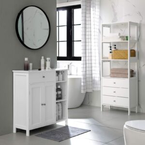 VASAGLE Bathroom Floor, Freestanding Storage Cabinet with Drawer, 3 Open Compartments, Adjustable Shelves, 11.8 x 29.5 x 31.5 Inches, Matte White UBBC142W01