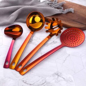 QOBIMOON Stainless Steel Kitchen Utensil Set -8 Cooking Utensils, Colorful Titanium Plated Set Kitchen Tools Gadgets Cake Shovels/Plain Spatula, Potato Masher, Spoon, Slotted Spoon-Red