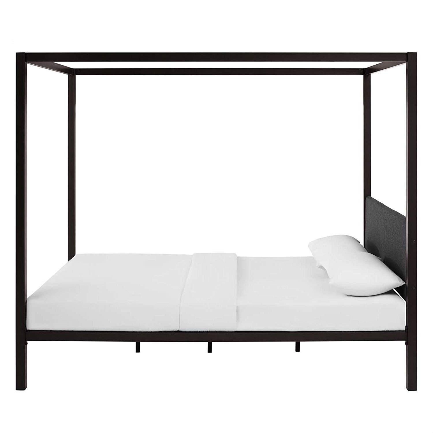 Fast Furnishings Queen Size Brown Metal Canopy Bed Frame with Grey Upholstered Headboard