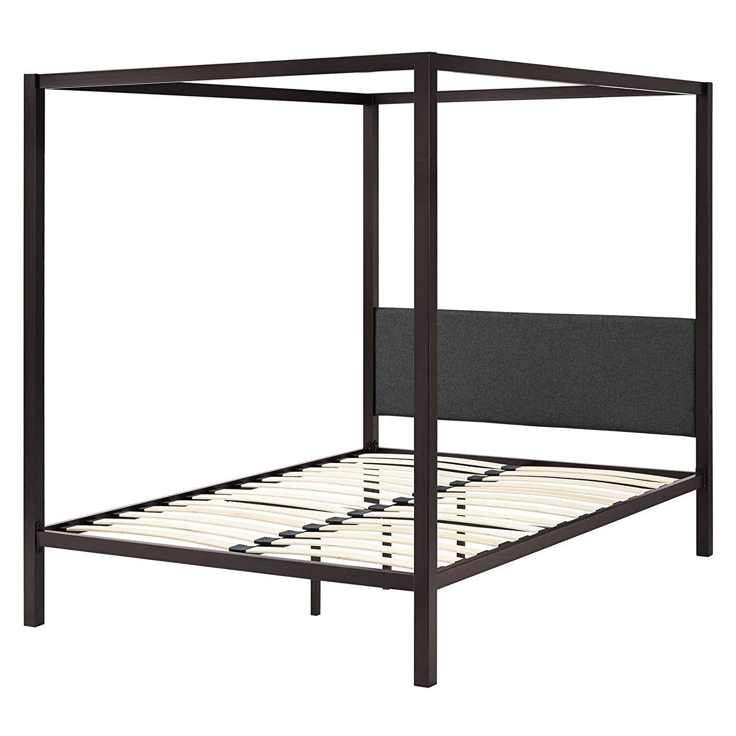 Fast Furnishings Queen Size Brown Metal Canopy Bed Frame with Grey Upholstered Headboard