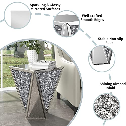 ENENE Mirrored End Table Crystal Diamond Setting Coffee Table Silver Glass Side Table Pedestal Stand for Hallway, Living Room, Corner, Bedroom, Sofa