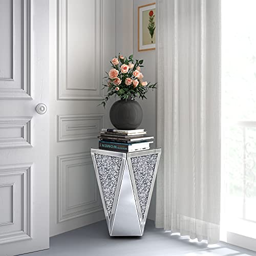 ENENE Mirrored End Table Crystal Diamond Setting Coffee Table Silver Glass Side Table Pedestal Stand for Hallway, Living Room, Corner, Bedroom, Sofa