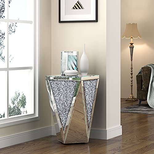 ENENE Mirrored End Table Crystal Diamond Setting Coffee Table Silver Glass Side Table Pedestal Stand for Hallway, Living Room, Corner, Bedroom, Sofa