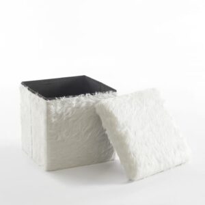 Urban Lifestyle White Mongolian Fur Collapsible Storage Ottoman with Lid, 15"x15"x15"