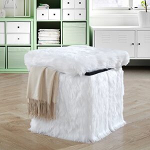 Urban Lifestyle White Mongolian Fur Collapsible Storage Ottoman with Lid, 15"x15"x15"