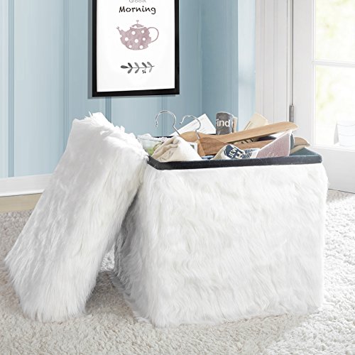 Urban Lifestyle White Mongolian Fur Collapsible Storage Ottoman with Lid, 15"x15"x15"