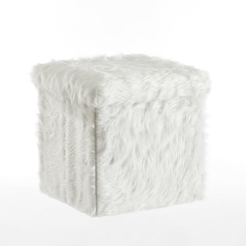 Urban Lifestyle White Mongolian Fur Collapsible Storage Ottoman with Lid, 15"x15"x15"