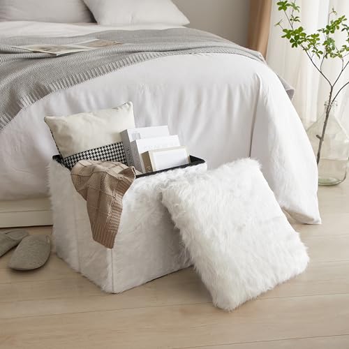 Urban Lifestyle White Mongolian Fur Collapsible Storage Ottoman with Lid, 15"x15"x15"