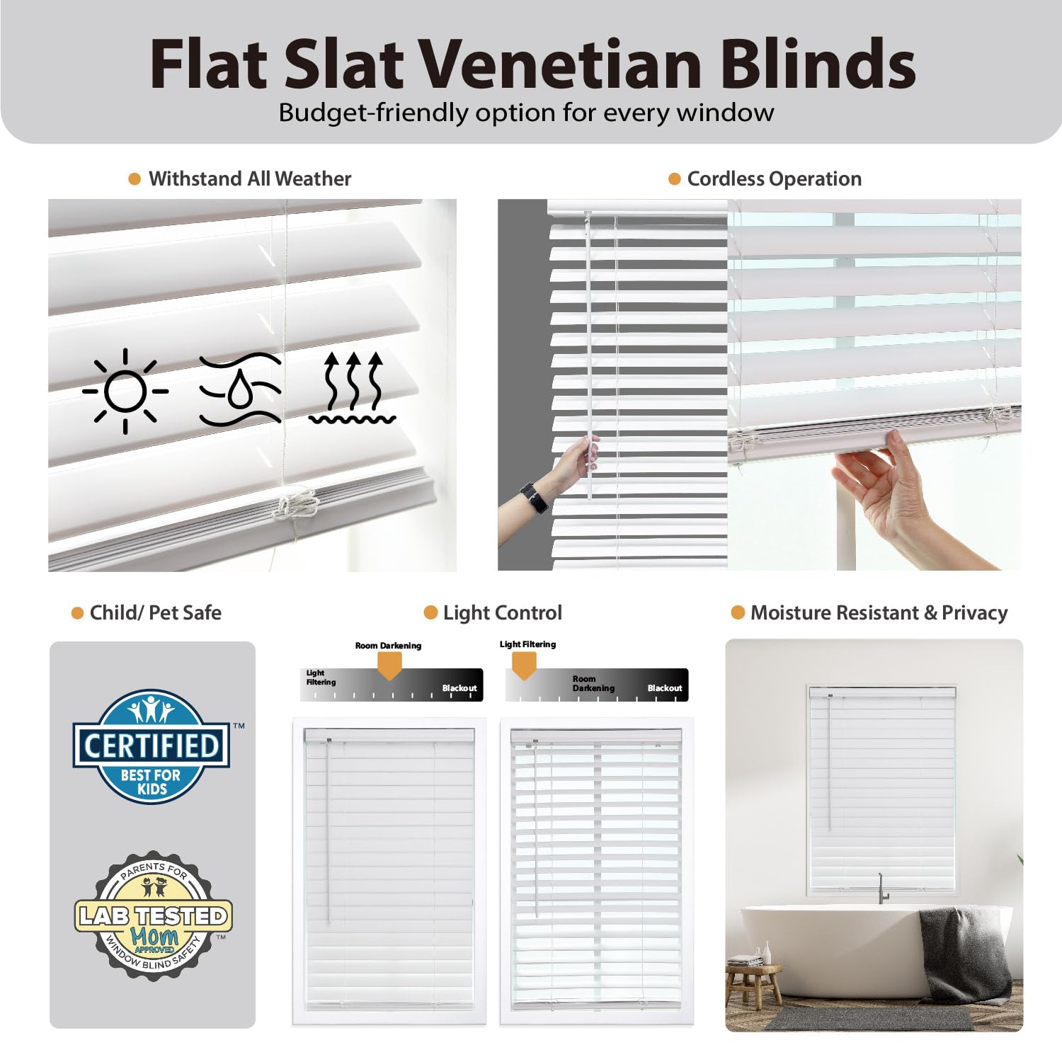 DEZ FURNISHINGS 2" Cordless Flat Slat Venetian Blind, 61.5"W x 64"H, White