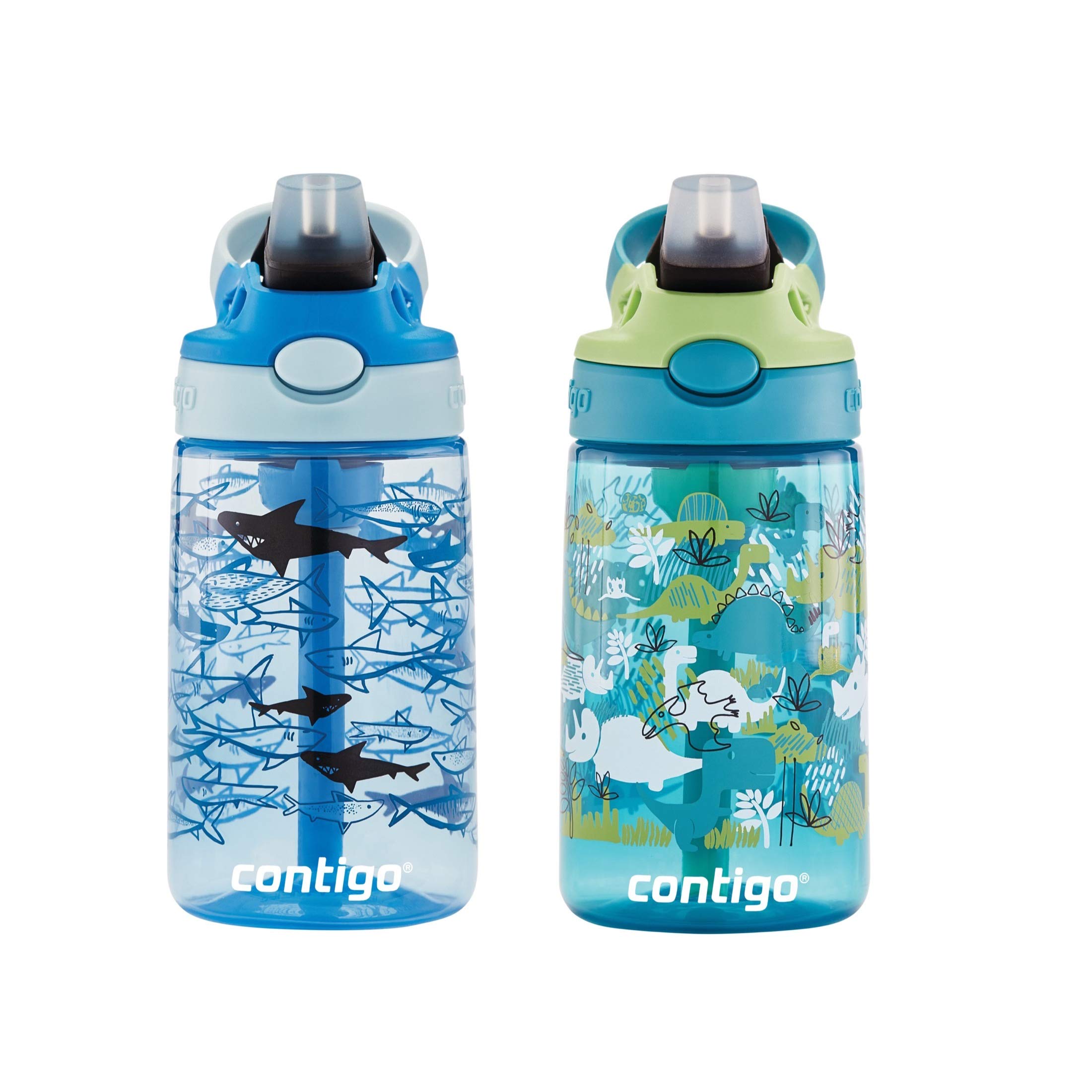 Contigo Kids Straw Water Bottle with AUTOSPOUT Lid, 14oz., 2 Pack, Dinos & Sharks