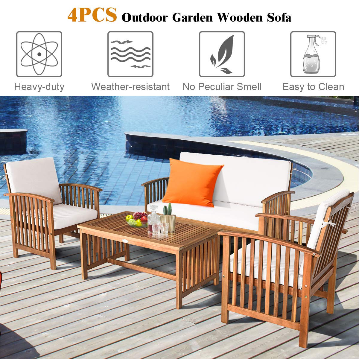 Tangkula Outdoor 4 Pcs Acacia Wood Sofa Set w/Water Resistant Cushions, Padded Patio Seating Chat Set w/Coffee Table for Garden, Backyard, Poolside (1, White)