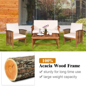 Tangkula Outdoor 4 Pcs Acacia Wood Sofa Set w/Water Resistant Cushions, Padded Patio Seating Chat Set w/Coffee Table for Garden, Backyard, Poolside (1, White)