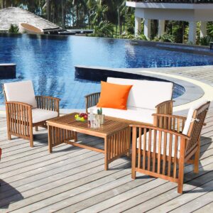 Tangkula Outdoor 4 Pcs Acacia Wood Sofa Set w/Water Resistant Cushions, Padded Patio Seating Chat Set w/Coffee Table for Garden, Backyard, Poolside (1, White)