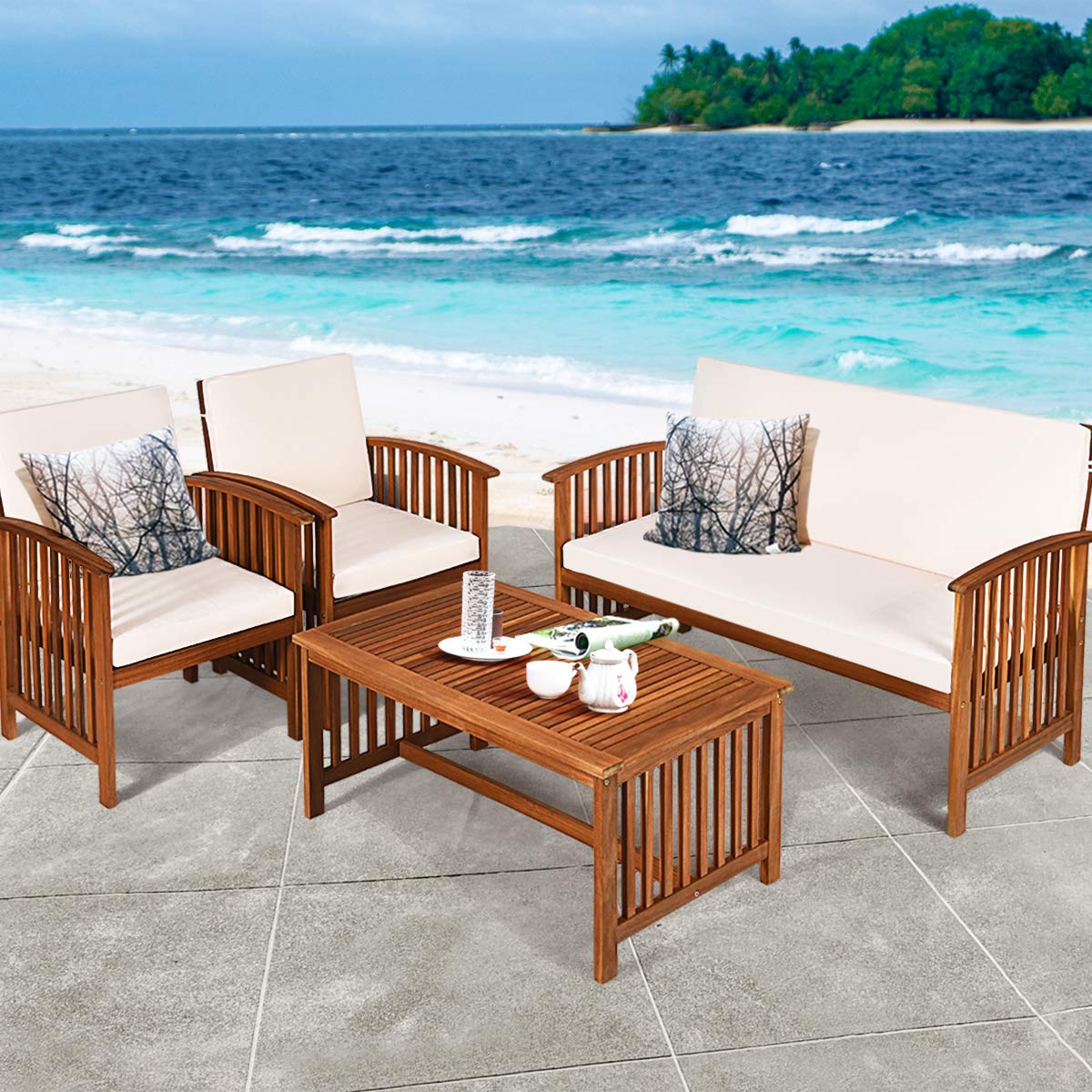 Tangkula Outdoor 4 Pcs Acacia Wood Sofa Set w/Water Resistant Cushions, Padded Patio Seating Chat Set w/Coffee Table for Garden, Backyard, Poolside (1, White)