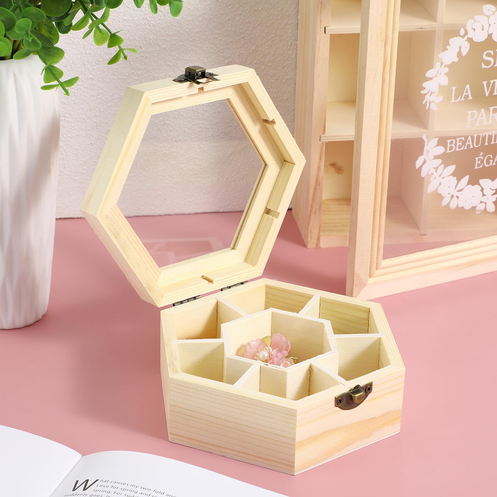 Wooden wood treasure box Jewelry Box DIY Hexagon Shape Jewelry Organizer Jewelry Case for Earrings Necklace unfinished jewelry box Jewelry wooden jewelry box