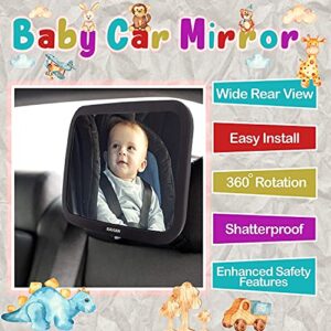 Baby Car Mirror Rear Facing Baby Essentials 100% Shatterproof Safest Clear View 360° Adjustable to All Seats and Ages Crash Tested Fully Assembled