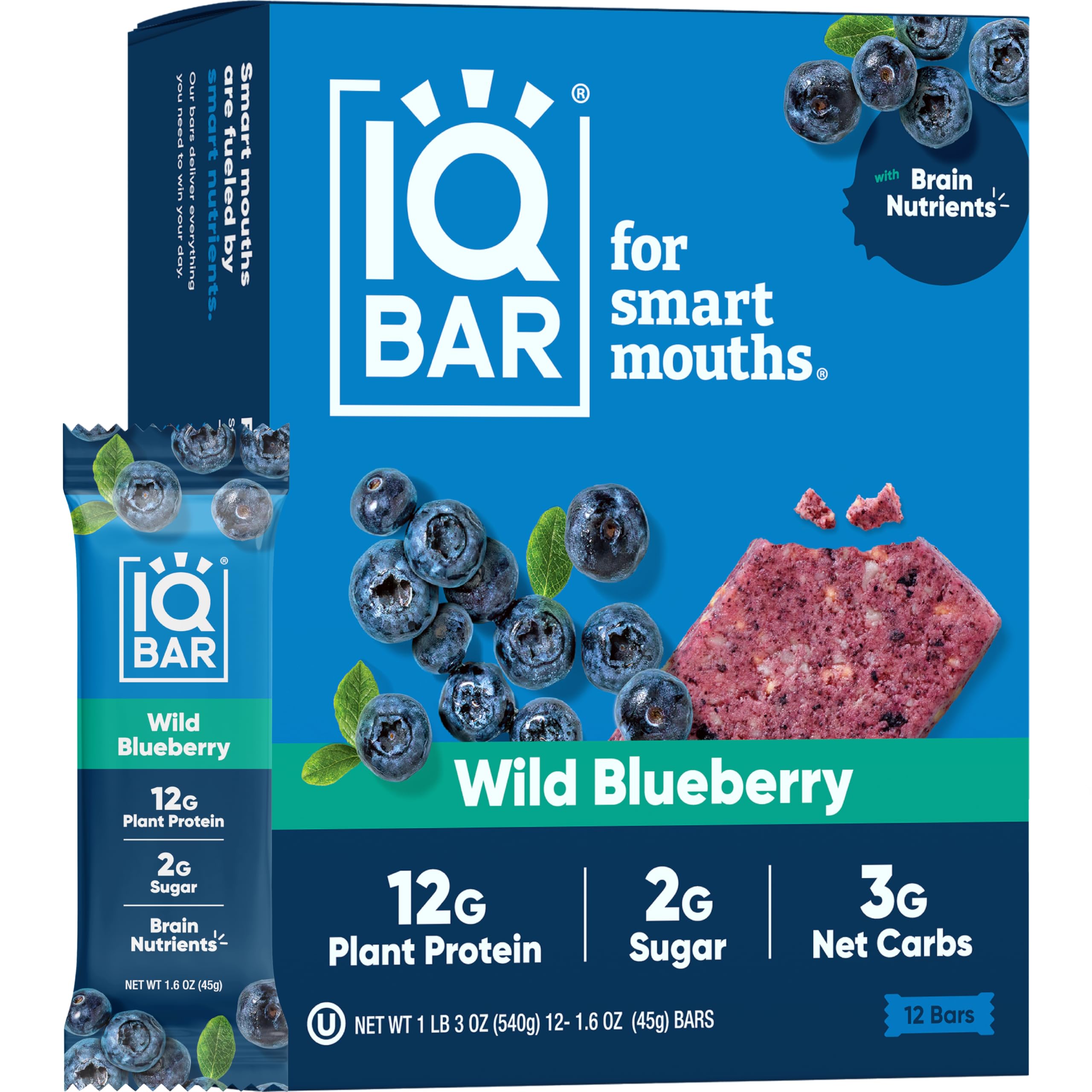 IQBAR Brain and Body Plant Protein Bars - Wild Blueberry - 12 Count, Low Carb, High Fiber, Gluten Free, Healthy Vegan Snacks - Low Sugar Keto Bar Pack