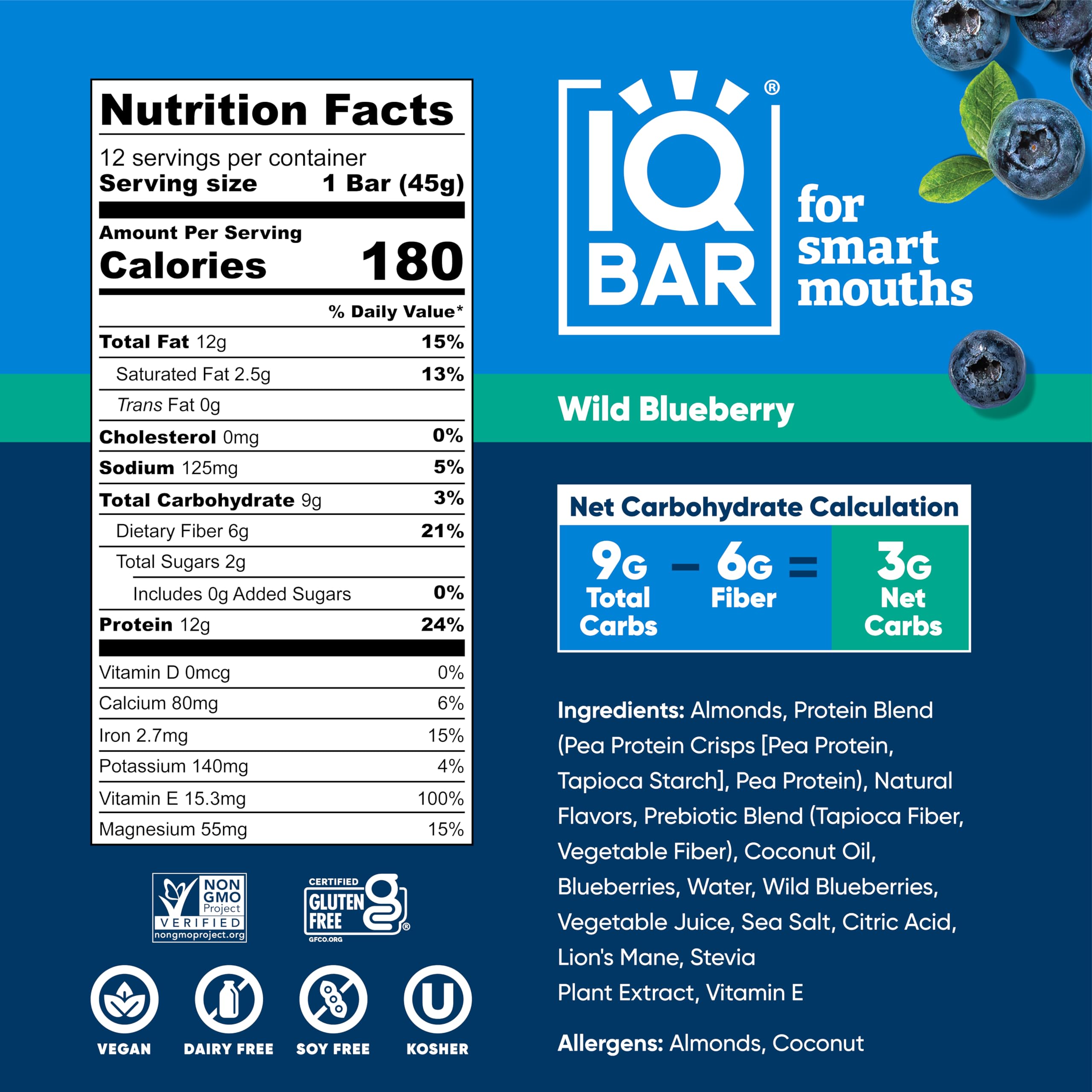 IQBAR Brain and Body Plant Protein Bars - Wild Blueberry - 12 Count, Low Carb, High Fiber, Gluten Free, Healthy Vegan Snacks - Low Sugar Keto Bar Pack