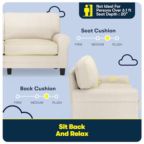 Serta Copenhagen Rolled Arm, Easy Care Polyester, Soft Pillow Back, Pocket Coil Seat Cushions, Removable Covers, Loveseat or Couch for Small Spaces, Living Rooms or Bedrooms, 73" Sofa, Buckwheat