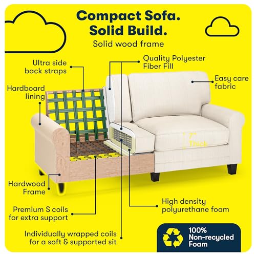 Serta Copenhagen Rolled Arm, Easy Care Polyester, Soft Pillow Back, Pocket Coil Seat Cushions, Removable Covers, Loveseat or Couch for Small Spaces, Living Rooms or Bedrooms, 73" Sofa, Buckwheat