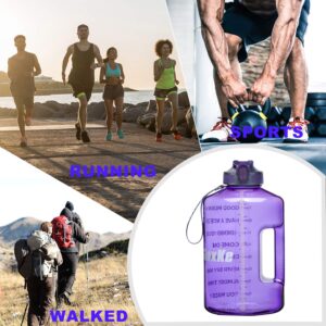 SLUXKE 1 Gallon Water Bottle with Straw Cleaning Brush, BPA Free 128oz Leak Proof Big Water Bottle Jug with Handle and Time Marker, One Click Open Wide Mouth Sports Huge Bottle Jug Light Purple