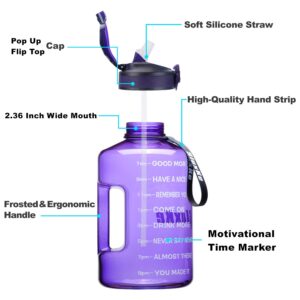 SLUXKE 1 Gallon Water Bottle with Straw Cleaning Brush, BPA Free 128oz Leak Proof Big Water Bottle Jug with Handle and Time Marker, One Click Open Wide Mouth Sports Huge Bottle Jug Light Purple