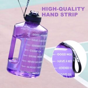 SLUXKE 1 Gallon Water Bottle with Straw Cleaning Brush, BPA Free 128oz Leak Proof Big Water Bottle Jug with Handle and Time Marker, One Click Open Wide Mouth Sports Huge Bottle Jug Light Purple