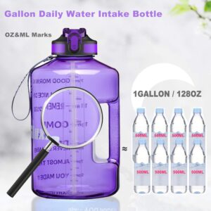 SLUXKE 1 Gallon Water Bottle with Straw Cleaning Brush, BPA Free 128oz Leak Proof Big Water Bottle Jug with Handle and Time Marker, One Click Open Wide Mouth Sports Huge Bottle Jug Light Purple