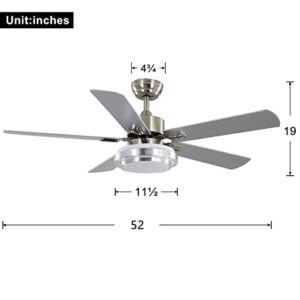 FINXIN Indoor Ceiling Fan Light Fixtures Remote LED 52 Brushed Nickel Ceiling Fans For Bedroom,Living Room,Dining Room Including Motor,Remote Switch (52" 5-Blades)