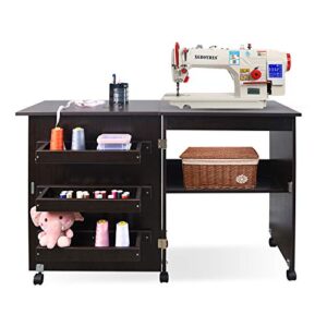 usinso folding sewing table multifunctional sewing machine cart table sewing craft cabinet table with storage shelves portable rolling sewing desk computer desk with lockable casters(dark brown)