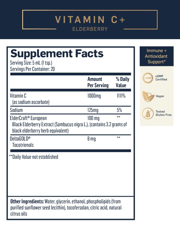 Quicksilver Scientific Liposomal Vitamin C + Elderberry - Liposomal Vitamin C 1000mg with Superior Absorption Technology & Tocotrienols - Antioxidant & Immune Support Tonic (100ml)