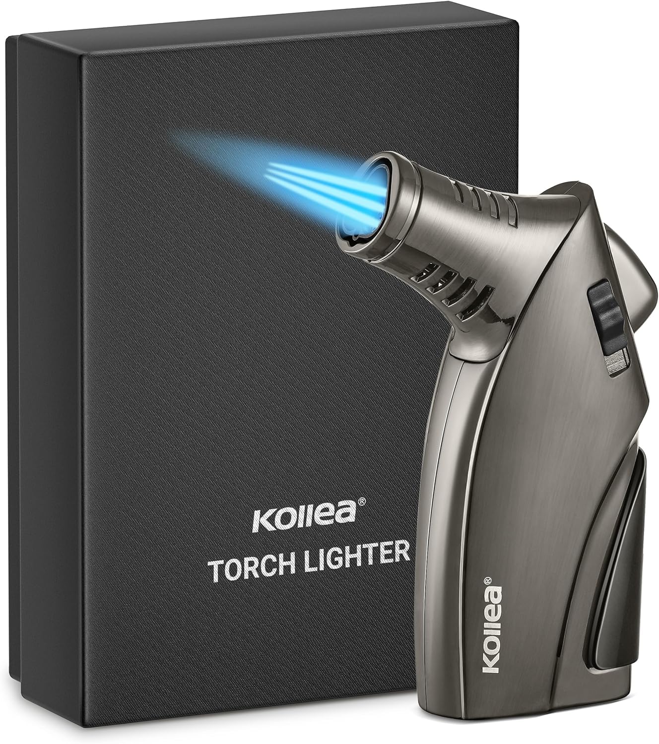 Kollea Torch Lighter, Triple Jet Flame Butane Lighter with Punch and Safety Lock, Refillable and Windproof Pocket Lighter, Cool Great Gift Idea for Men (Butane Gas Not Included)