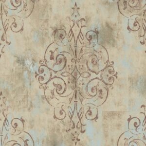 HAOKHOME 94005-3 Vintage French Damask Peel and Stick Wallpaper 17.7in x 9.8ft Deep Yellow/Mist Blue/Brown Vinyl Self Adhesive Wall Paper Design for Walls Bathroom Bedroom Home Decor